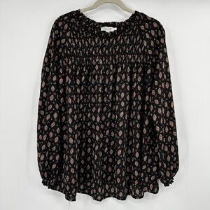 Molly Bracken Black Printed Smocked Long-Sleeve Blouse